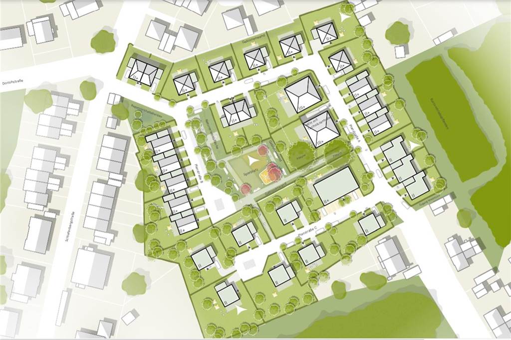 Ein Planungsbüro hat zurzeit diesen Planungsstand für Schacht 3/4 von Graf Schwerin in Dingen: eine Durchfahrstraße, zwei Stichstraßen, ein Spielplatz, rund 50 Wohneinheiten. Anwohner monieren die geringen Abstände zur Bestandsbebauung im Bereich oben/Mitte links und unten rechts. 