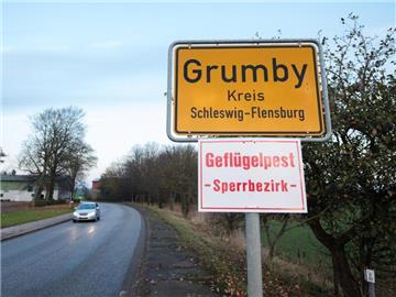 Ein Schild mit der Aufschrift "Geflügelpest - Sperrbezirk" am Ortsschild von Grumby in Schleswig-Holstein. Foto: Daniel Bockwoldt