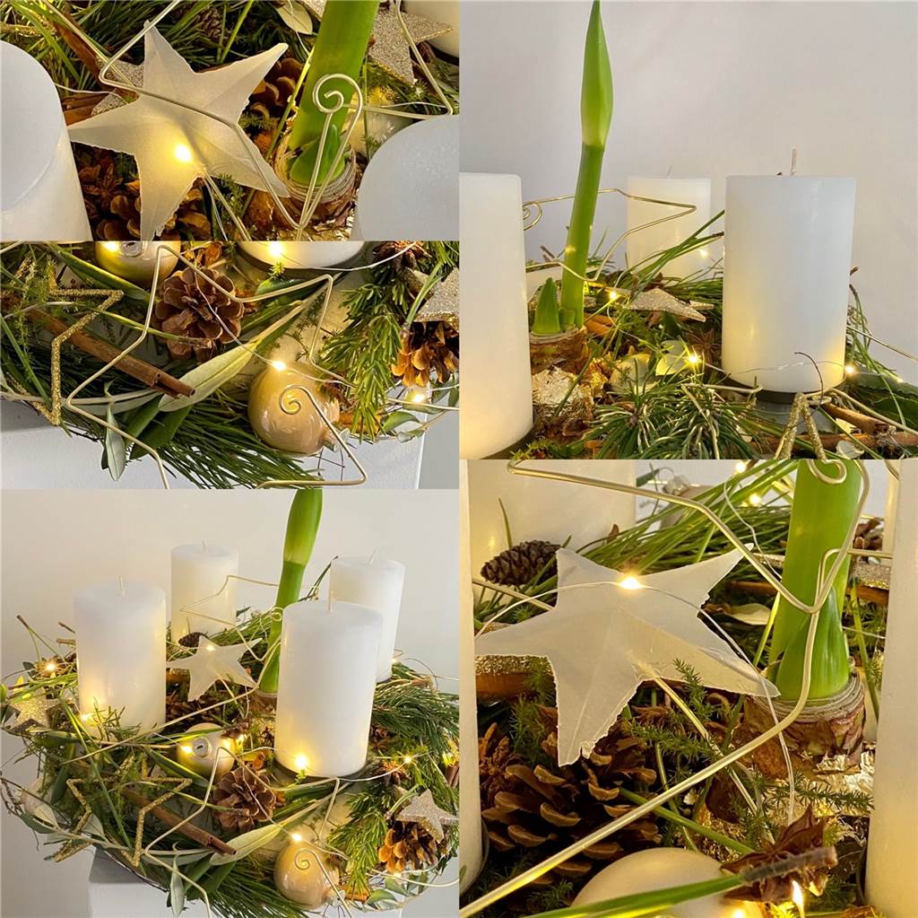 Fünf Tipps von Halterns Star-Florist für den „perfekten Adventskranz“ Ein schlichter Adventskranz mit weißen Kerzen, Lichterkette und Sternen.