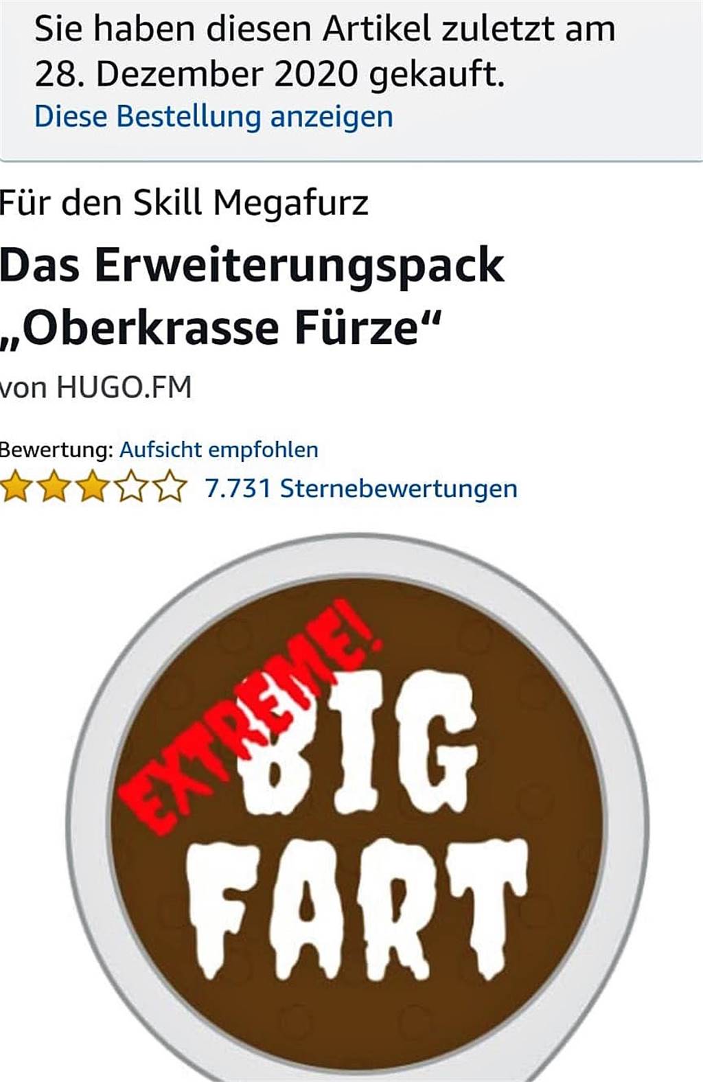 „Soll ich furzen?“ Wie Alexa Familien an den Rand der Verzweiflung bringt Ein Screenshot des nicht ganz freiwilligen Furz-Einkaufs