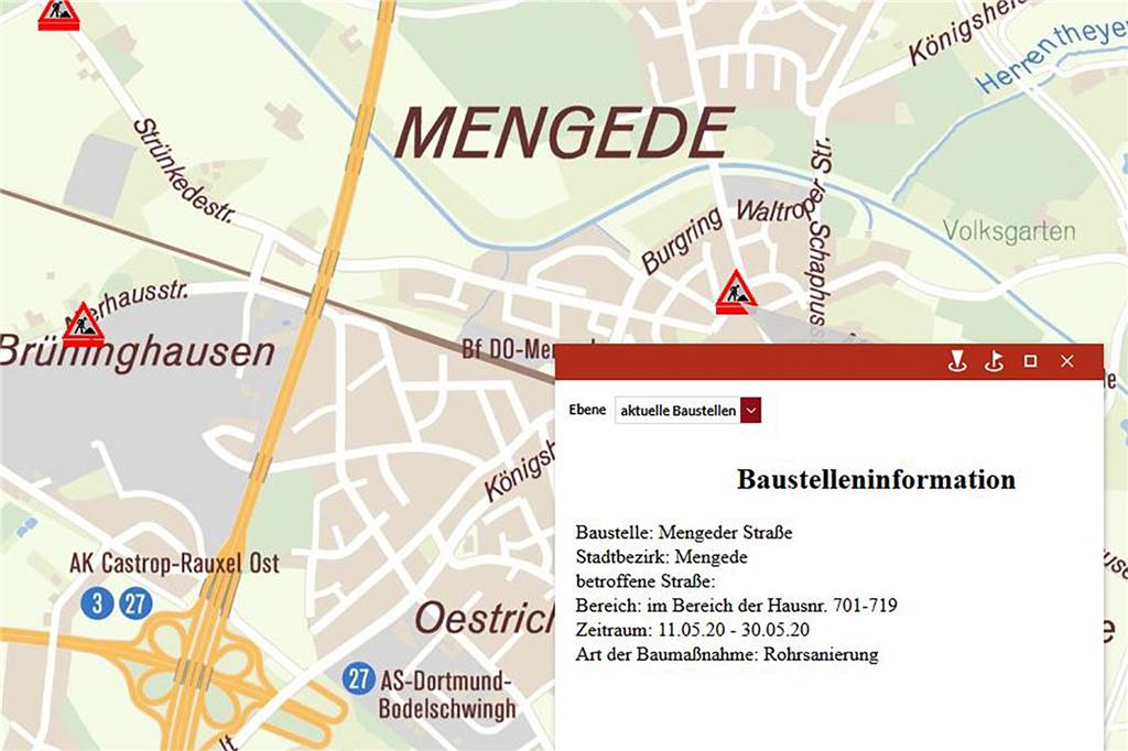 Mengeder Straße gesperrt: Ortskernsanierung wird zum Mysterium Ein Screenshot des städtischen Baustellen-Informationssystems zeigt den Grund für die derzeitigen Bauarbeiten.