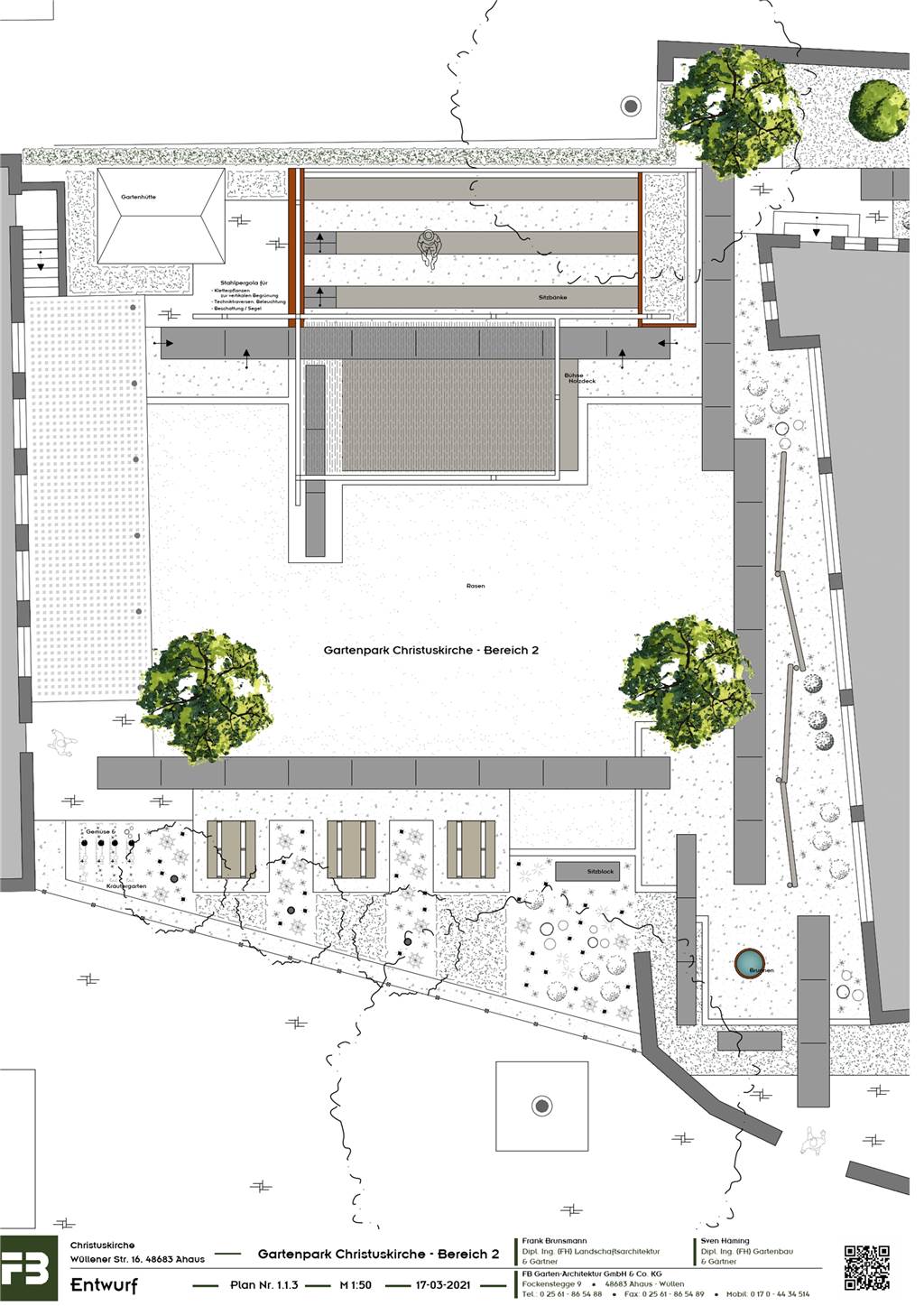 Pfarrer Olaf Goos freut sich auf Gartenpark und neue Freilichtbühne Ein Überblick über die Planung der evangelischen Gemeinde: Genau zwischen Dorothee-Sölle-Haus (links) und der Christuskirche (rechts) soll die neue Freilichtbühne samt Sitzreihen entstehen. Insgesamt kostet das Projekt 250.000 Euro.