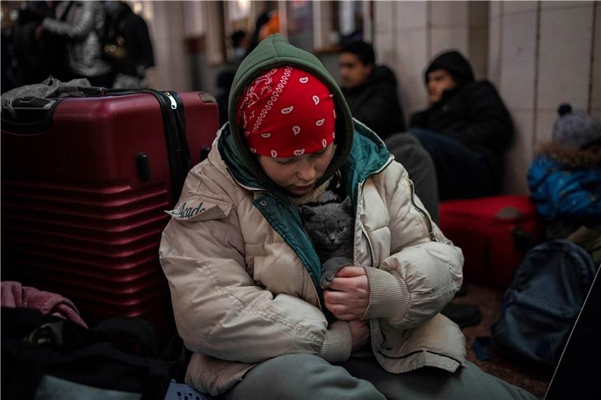 Ukrainer auf der Flucht: Es war einmal ihr Land Ein ukrainisches Mädchen streichelt im Bahnhof ihre Katze, die sie in ihrem Mantel schützt. Der russische Militärangriff auf die Ukraine dauert den fünften Tag an und zwingt Hunderttausende Ukrainer und Ausländer in den Nachbarländern vor dem Krieg Zuflucht zu suchen.
