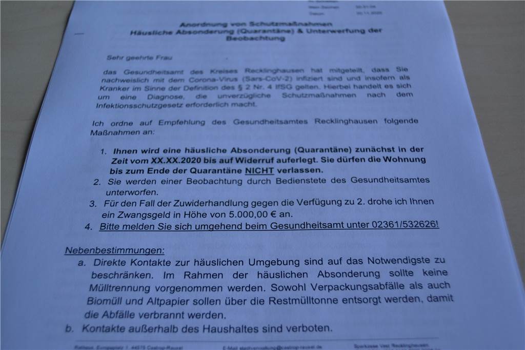 Ein Zwangsgeld in Höhe von 5000 Euro droht jedem, der sich nicht an die Quarantäne-Vorschriften hält.