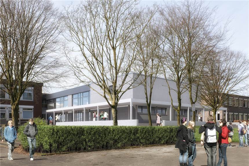 Profilschule in Ascheberg startet dreizügig, Aula soll bald fertiggestellt sein Eine Außenansicht der geplanten Gemeindehalle am Profilschulstandort in Herbern: Bald soll die neue Aula fertiggestellt sein.
