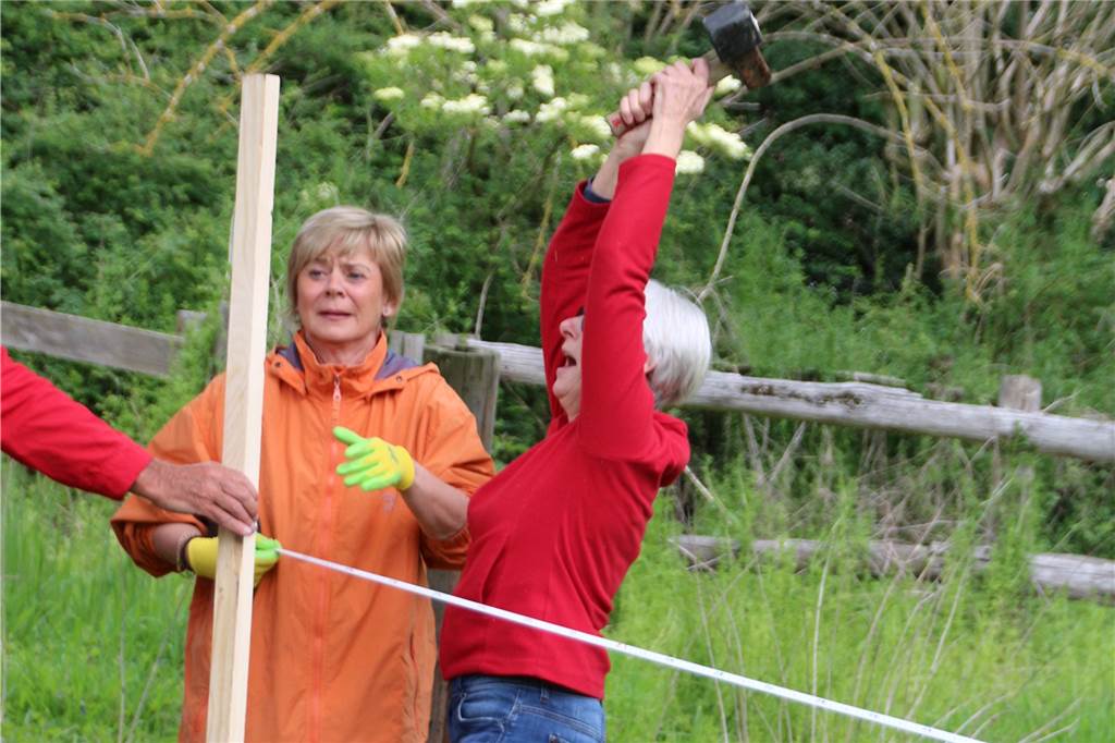 Grundrisse abgesteckt: Bewohner des Mehrgenerationen-Projektes bereiten Spatenstich vor Eine Bewohnerin hämmert einen Holzbalken in die Erde.