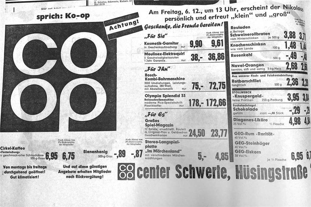Alte Werbeanzeige des Schwerter Einzelhandels zu Weihnachten.
