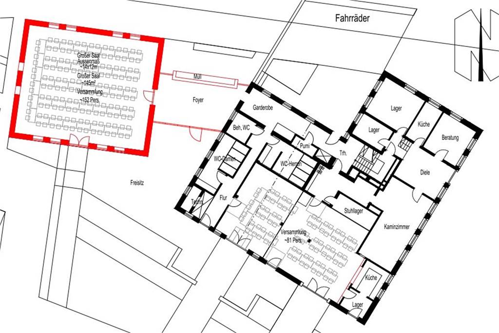 Sanierungsstau Eppingscher Hof: Zwei konkrete Ideen auf dem Tisch Eine denkbare Version: Im Anbau wäre ein großer Versammlungssaal untergebracht.