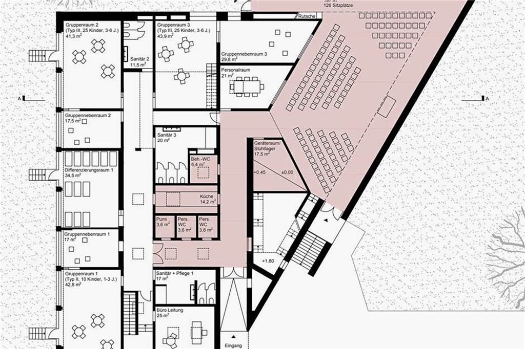 Kletterwand statt Orgel: Gemeindezentrum in Dorsten wird zur Kita Eine dreigruppige Kita soll ab dem Kindergartenjahr 2023 / 24 im Ev. Gemeindezentrum Barkenberg Platz finden. Für die Gemeinde verbleibt dann nur der rötlich eingefärbte Teil des Kirchsaals, sowie ein Zugang zu den Toiletten, einem Stuhllager und einer gemeinschaftlich genutzten Küche. Die Orgel muss einer Kletterwand für Kinder weichen.