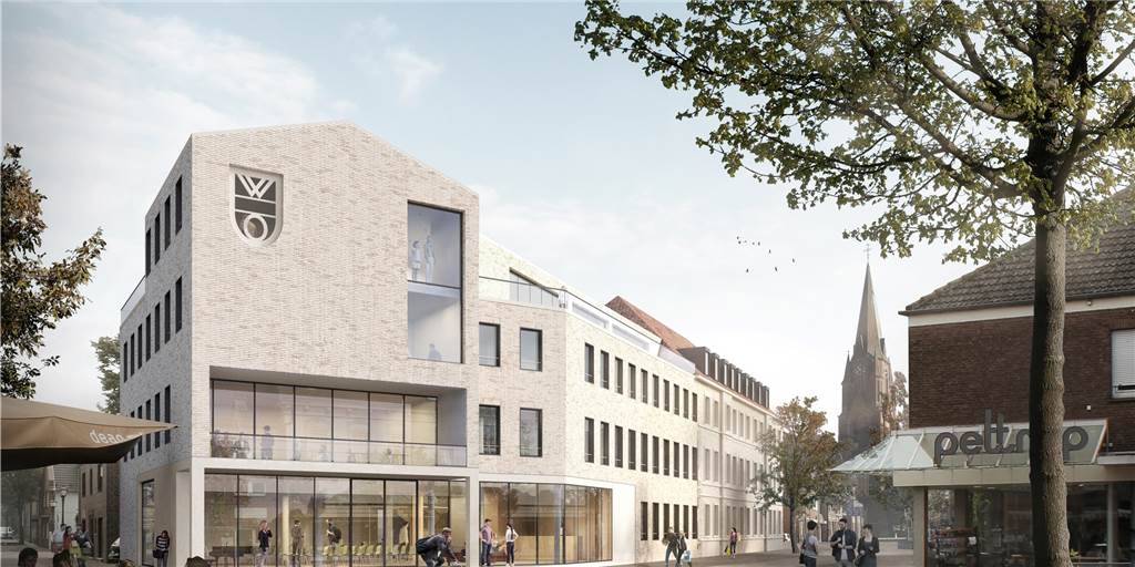 Über zwei Millionen Euro für Umbau des Rathauses: Olfen bekommt mehr Fördergeld Eine einheitliche Fassade bei neuem und altem Gebäudeteil, ein großes Schaufenster zum Foyer, ein großer Balkon zum Marktplatz hin: So soll das komplett umgebaute Rathaus in der Olfener Innenstadt aussehen.