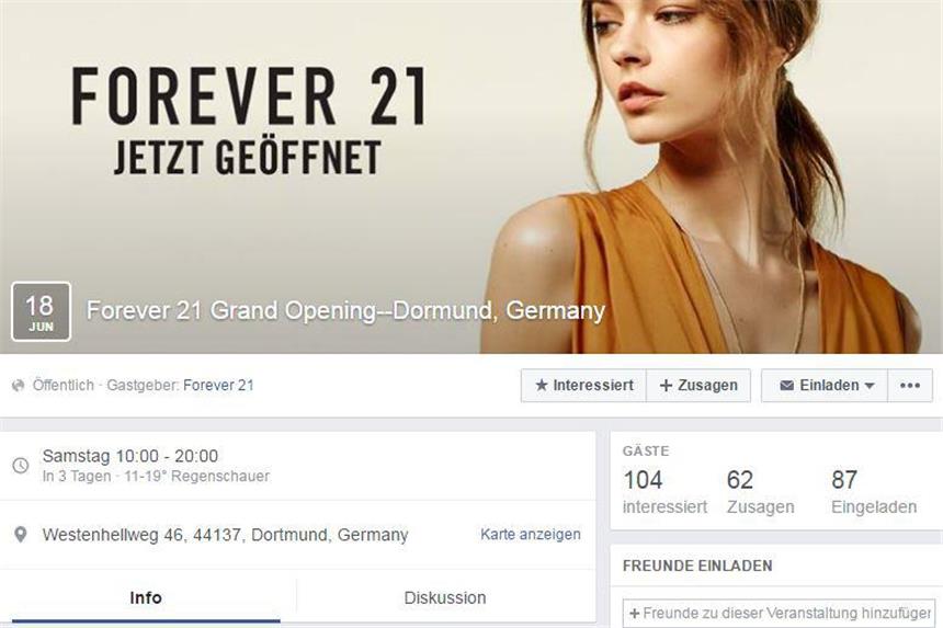 Forever 21 eröffnet am Wochenende in der City Eine Facebook-Veranstaltung von Forever 21 weist auf die Eröffnung in Dortmund hin.