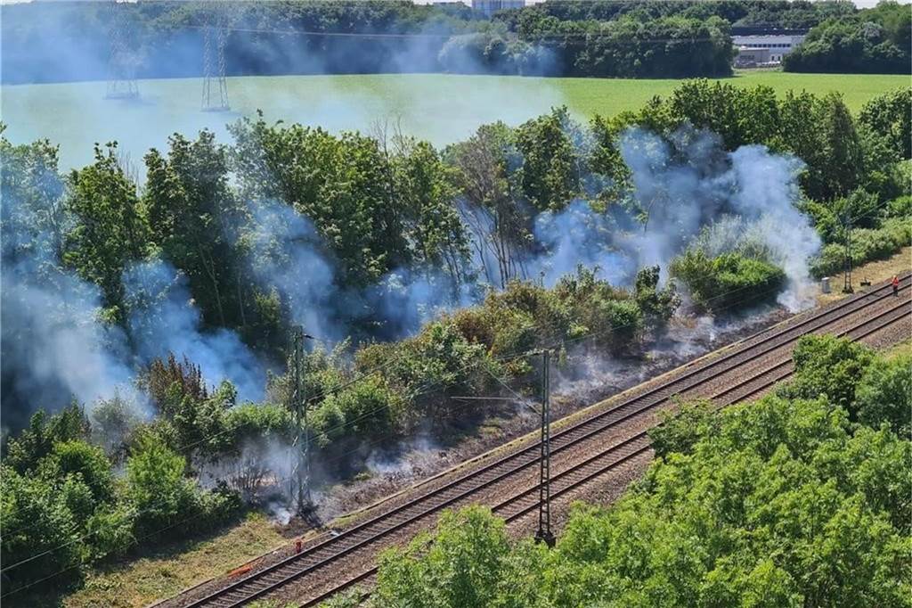 Eine Fläche von 1.500 Quadratmetern brennt an einem Bahndamm an er Steller Straße in Bochum.