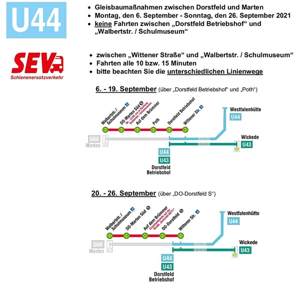 Stadtbahn U44: Drei Wochen Einschränkungen für Fahrgäste und Autofahrer Eine Grafik zeigt den Schienenersatzverkehr im Überblick.