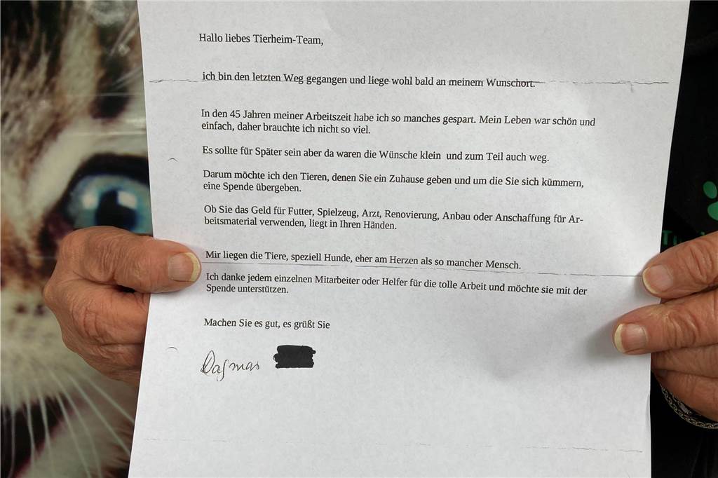 Eine Kopie des Schreibens, das dem Umschlag mit den 15.000 Euro Bargeld beilag.