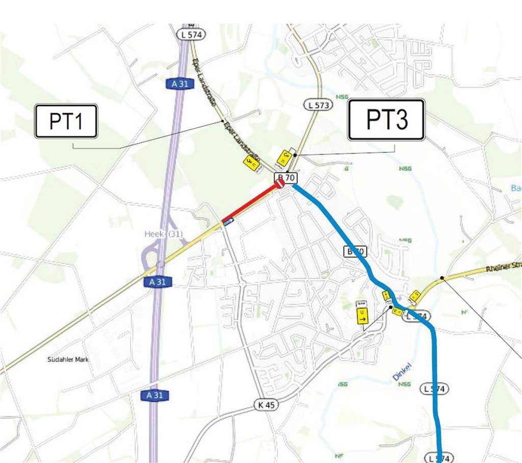 Ahauser Landstraße vor Kreisverkehr Gabelpunkt gesperrt Eine Karte mit einer Umleitung