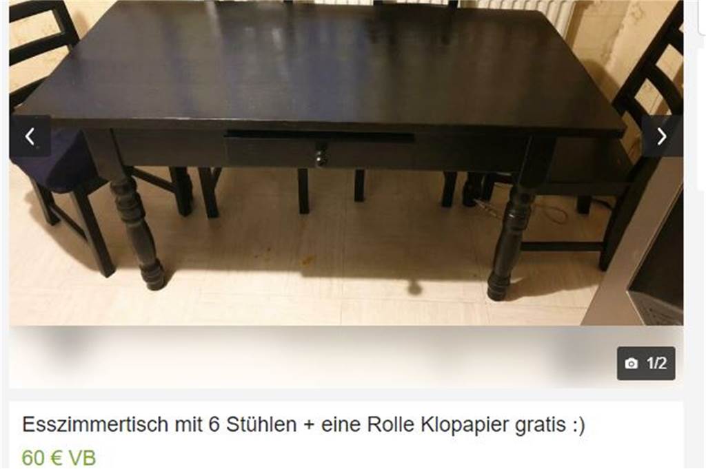 Werner verkauft Corona-Artikel auf Ebay - allerdings kein Klopapier und Desinfektionsmittel Eine Verkäuferin aus Dortmund bietet einen Esszimmertisch und Stühle an - inklusive einer Rolle Klopapier.