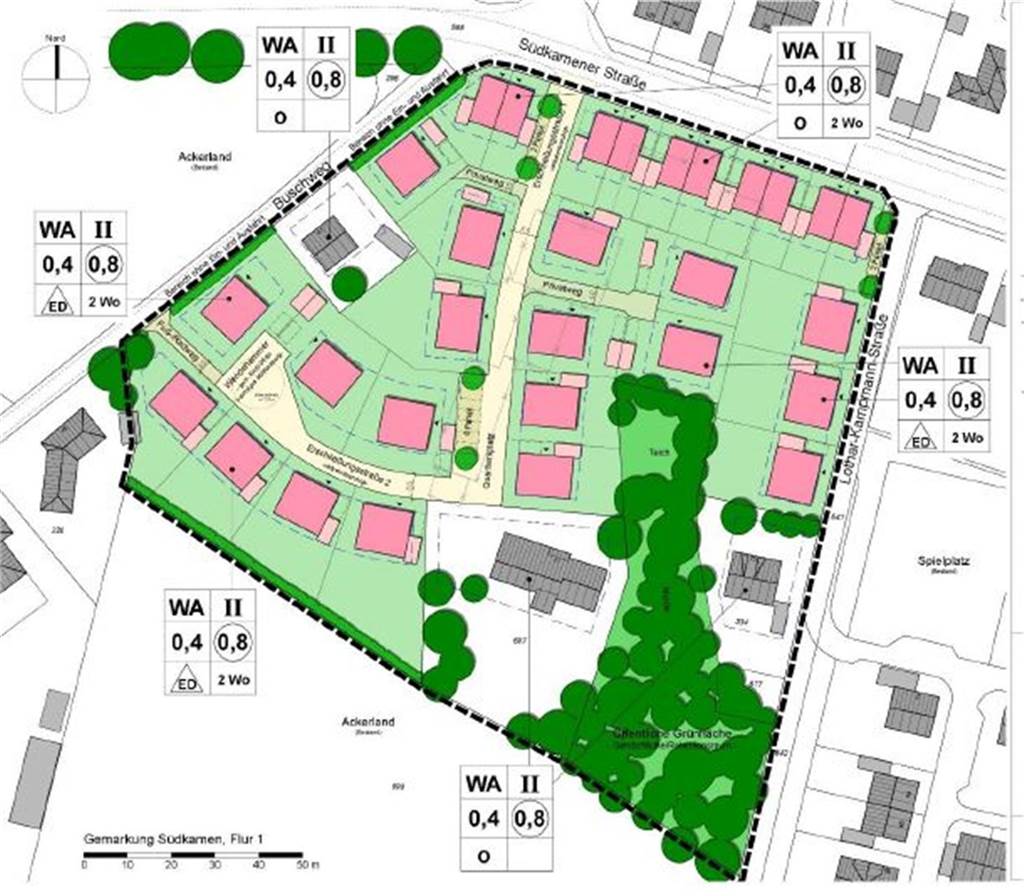 Neues Baugebiet mit 30 Wohneinheiten: Vermarktung steht vor dem Start Eine Planung für das Baugebiet am Buschweg, das vor der Erschließung steht. Dort sollen vor allem Einfamilien- und Doppelhäuser gebaut werden.