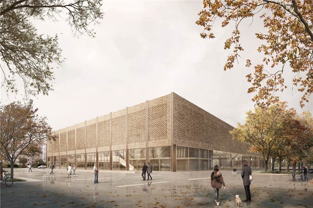 Großsporthalle am Dortmunder U könnte Platz für 3250 Zuschauer bieten Eine Ziegel-Loch-Fasade prägt den mit dem zweiten Preis ausgezeichneten Entwurf des Büros Heinle, Wischer und Partner.