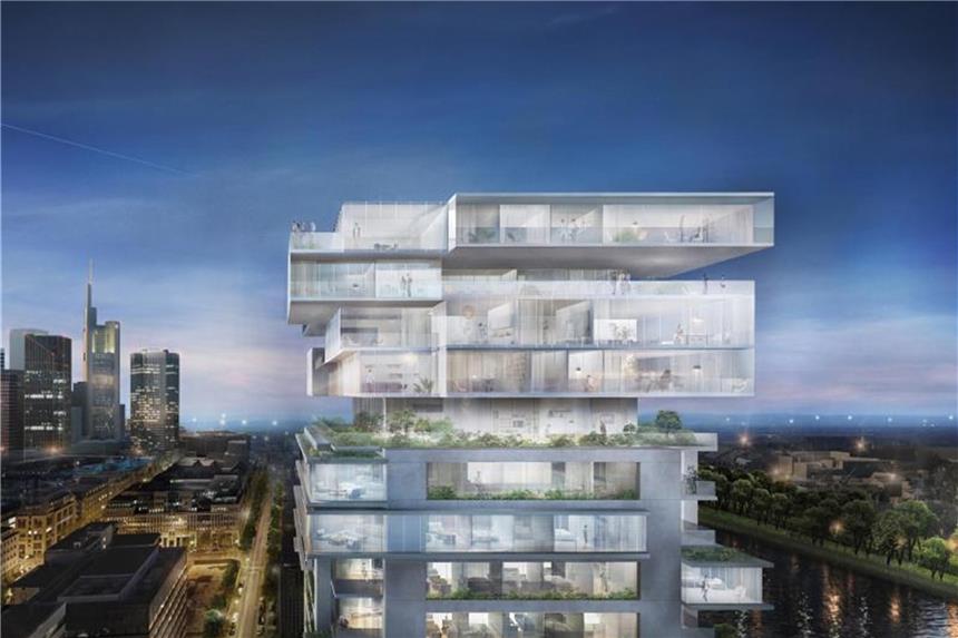 Star-Architekt Scheeren baut Frankfurter Büroturm um Einen Büro-Klotz verwandelt Ole Scheeren in ein lichtes Wohn-Hochhaus. Foto: Riverpark Tower by Ole Scheeren © Buro-OS