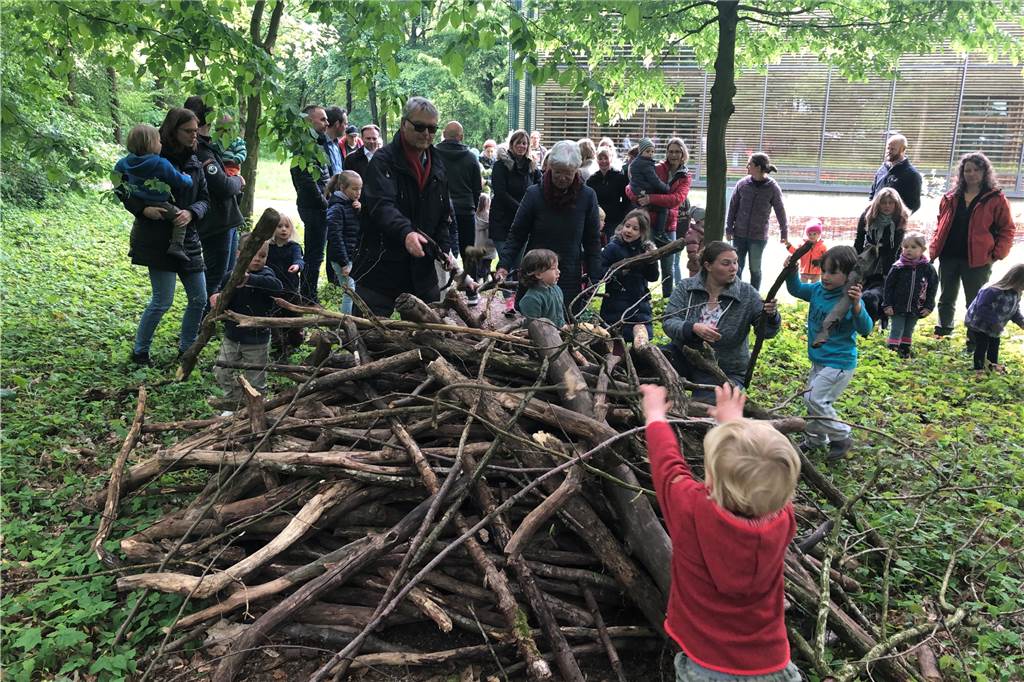 Landrat zeichnet Waldwurm und Holzwurm als erste Naturparkkitas in Westfalen aus Einen Totholzhaufen schichteten die Kinder zwischen Parkplatz und Naturparkhaus auf. Dort hatte sich ein Trampelpfad gebildet.