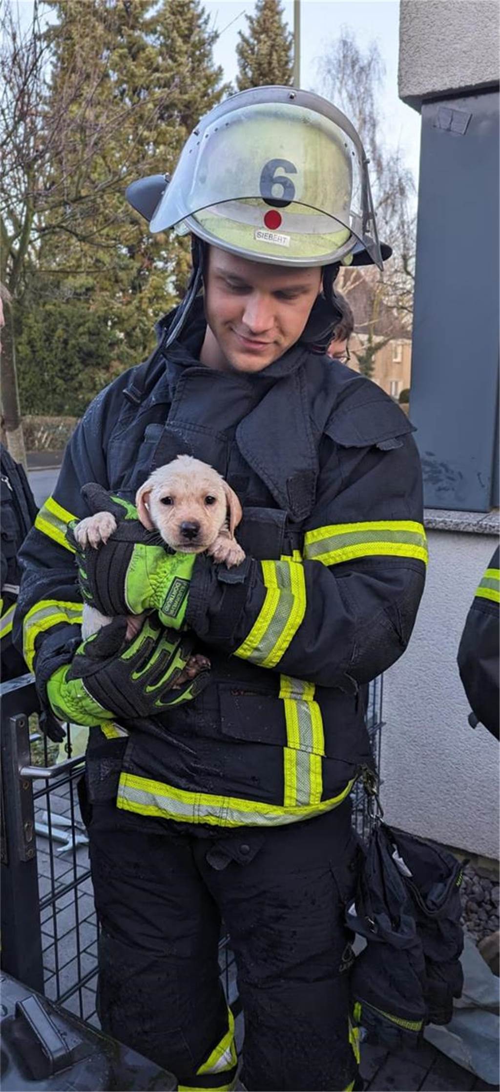 Feuerwehr rettet fünf Wochen alten Labrador aus Pumpenschacht Einer der Feuerwehrmänner mit dem geretteten Hund