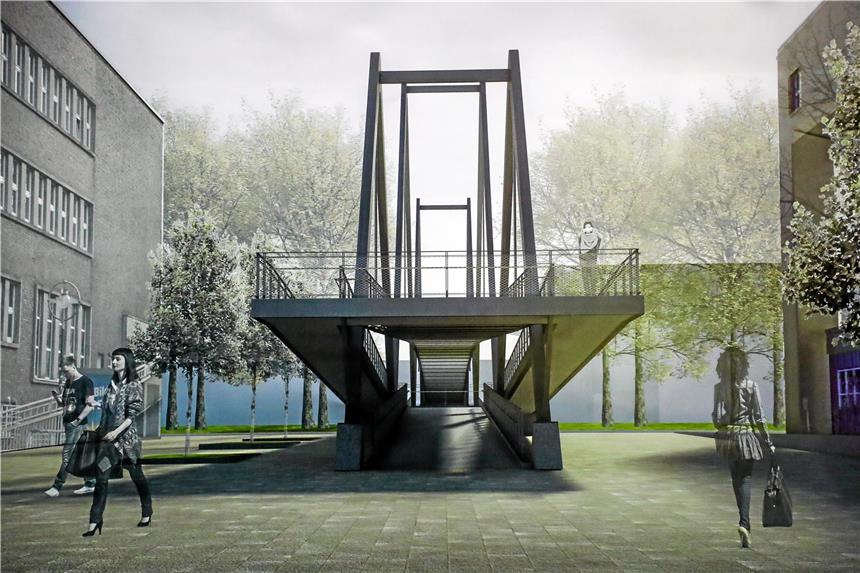 So könnte die neue „BVB-Brücke“ über die B1 aussehen Einer der Studententwürfe für die neue B1-Brücke. In diesem Fall sind Brücke und Rampe in einem Bauwerk integriert.
