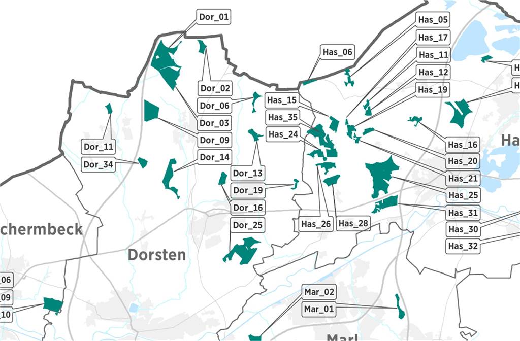 RVR-Anhörung: Dorsten soll Windenergie für das Ruhrgebiet liefern Karte der vorgesehenen Windenergie-Flächen in Dorsten und Umgebung