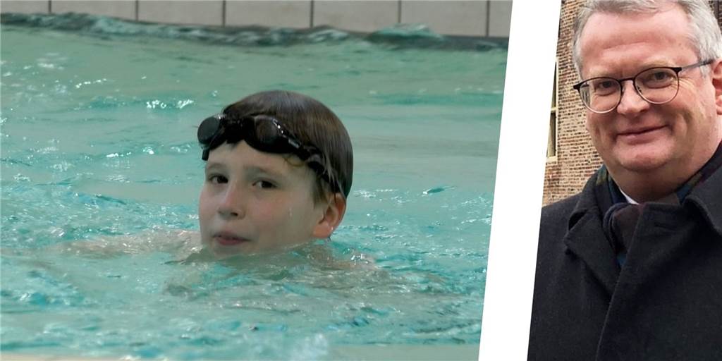 Energiemangel: Martin Tesing erwartet noch viele Diskussionen Links: ein schwimmender Junge. Rechts: Bürgermeister Martin Tesing.