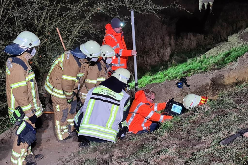 Großeinsatz in Herne wegen ausgebüxten Hundes: Happy End für „Jucy“ Einsatzkräfte von Feuerwehr und THW suchen mit einer Kamera in einem Tierbau nach Mischlingshund "Jucy".