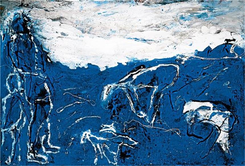 Emil Schumachers Schäfchen Emil Schumachers „Blaue Landschaft“ (1998) ist als Leihgabe nach Hagen gekommen. Die fast drei Meter breite Pastorale (Hirtenszene) gehört dem Essener Museum Folkwang, hängt dort aber leider nur im Depot.