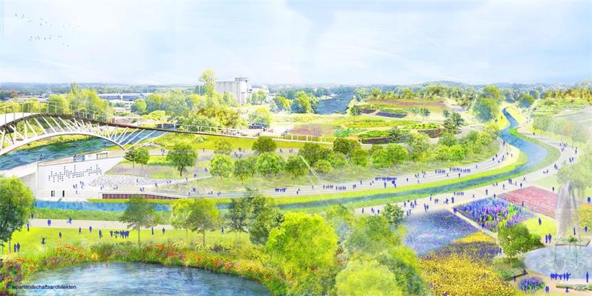 Castrop-Rauxels Kleingärtner wollen die Laga Emscherland 2020 am Wasserkreuz: Die Brücke am linken Bildrand, der "Sprung über die Emscher", ist ein Wunsch der Stadt Castrop-Rauxel und bislang nur rein optional gedacht.