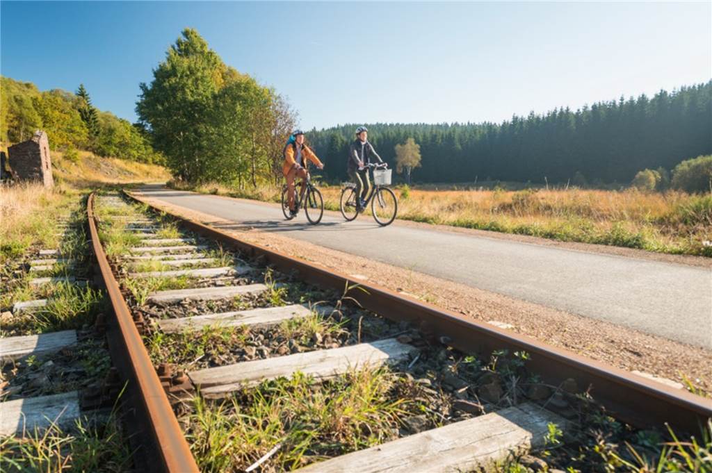 Der Weg ist das Ziel - Die schönsten Radstrecken für Urlaub in NRW Zwei Radler fahren an einer Eisenbahnstrecke entlang.