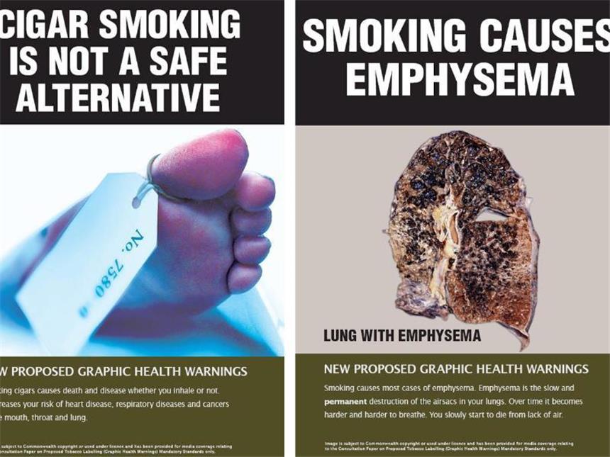 EU will Raucher mit Fotos auf Zigarettenschachteln schocken Entwürfe für Warnhinweise auf Zigarettenschachteln in Australien (oben) und den USA. Foto: Gesundheitsministerium Australien/USA