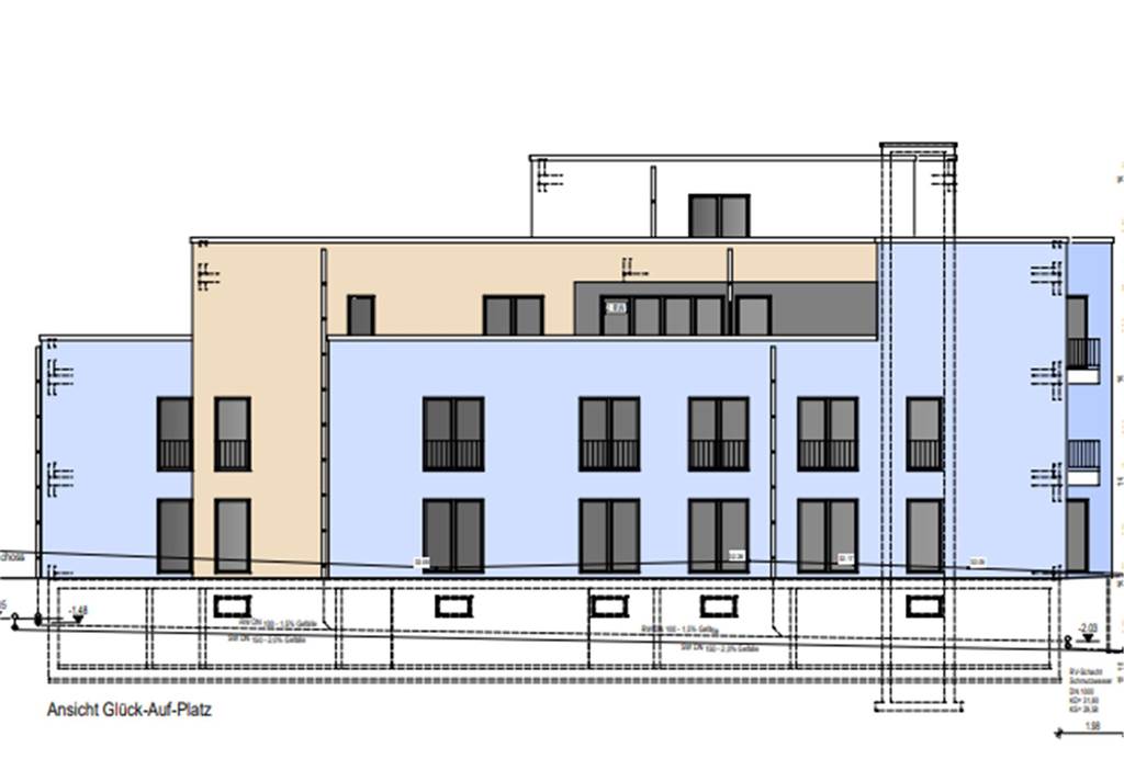Entwurf des beauftragten Architekturbüros Boksteen: Ansicht Glück-Auf-Platz