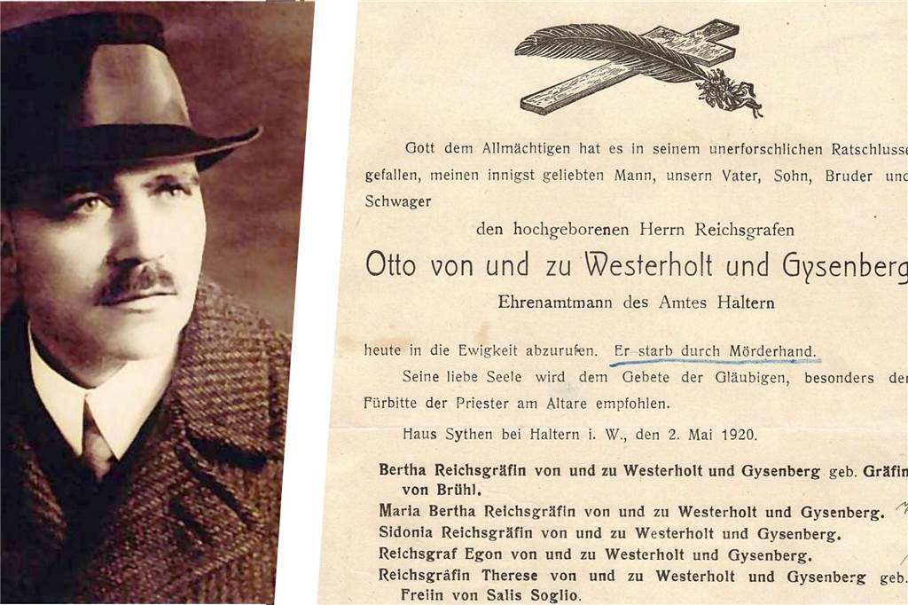 Historischer Mordfall: Wilderer erschoss Graf Otto von Westerholt Zweigeteiltes Bild, links ein Portrait vom jungen Grafen Otto mit Hut, er trägt einen Schnauzbart. Auf dem Totenbrief steht unter anderem "Er starb durch Mörderhand."