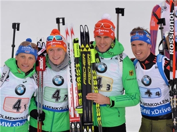 Erik Lesser (l-r), Benedikt Doll, Arnd Peiffer und Simon Schempp wollen in Hochfilzen eine Medaille. Foto: Hendrik Schmidt