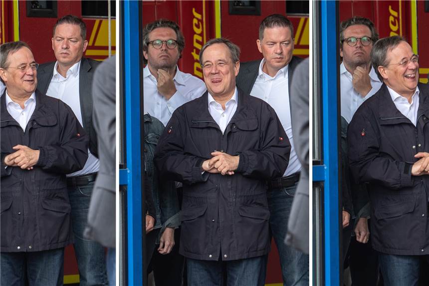 Über welchen Spruch Laschet im Flutgebiet wirklich lachte Erst lacht Armin Laschet im Flutgebiet, dann stürzen die Umfragewerte ab.