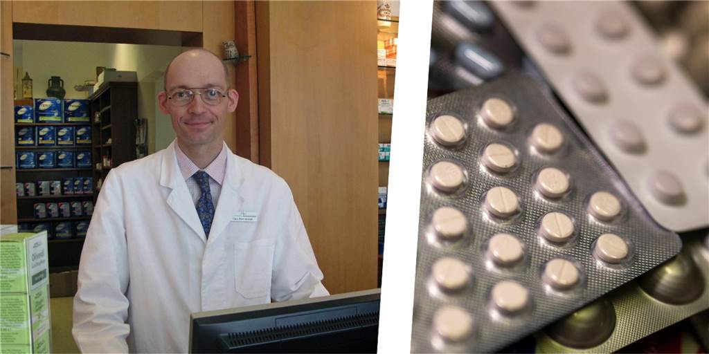 Castrop-Rauxeler Apotheken fehlen Paracetamol, Ibuprofen und 160 andere Mittel Claus Ehrensberger steht hinter dem Tresen seiner Apotheke in Castrop-Rauxel. Rechts sind mehrere verpackte Medikamente in Pillenform zu sehen.