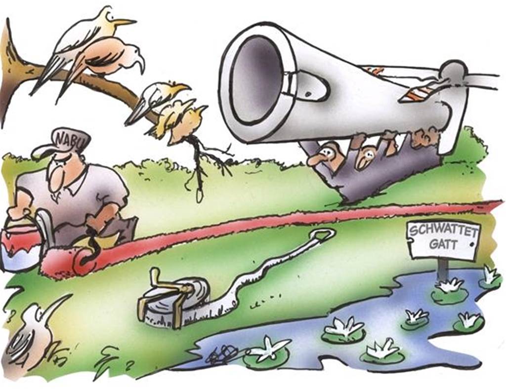 Ausbau Windenergie: Hörstoeler sehen Natur im Schwatten Gatt in Gefahr Karikatur: Ein Naturschützer wehrt sich gegen den Aufbau eines Windrads in der Nähe des Naturschutzgebiets Schwattet Gatt.