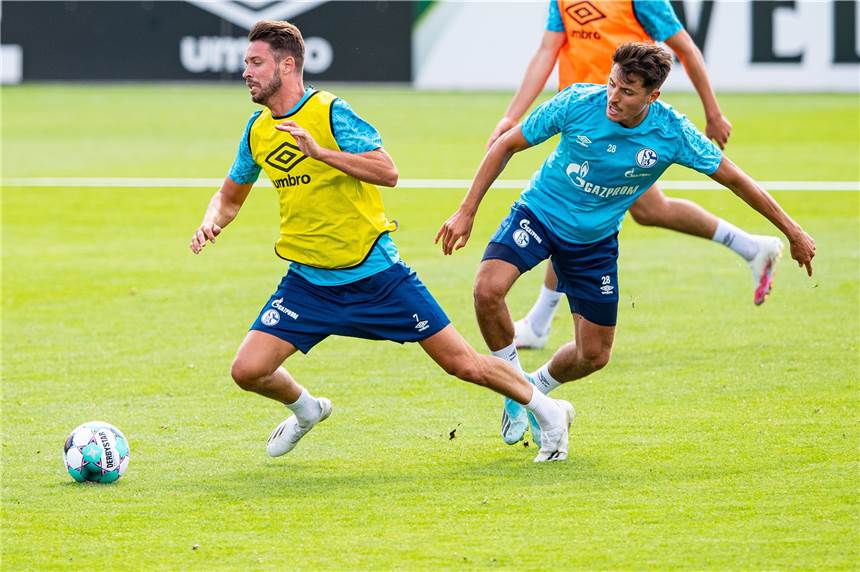 Trainingsstart im Parkstadion: Alles auf Anfang für Rudy, Uth und Co. Es ging gleich zur Sache: Alessandro Schöpf (r.) attackiert beim Schalker Trainingsauftakt Mark Uth.
