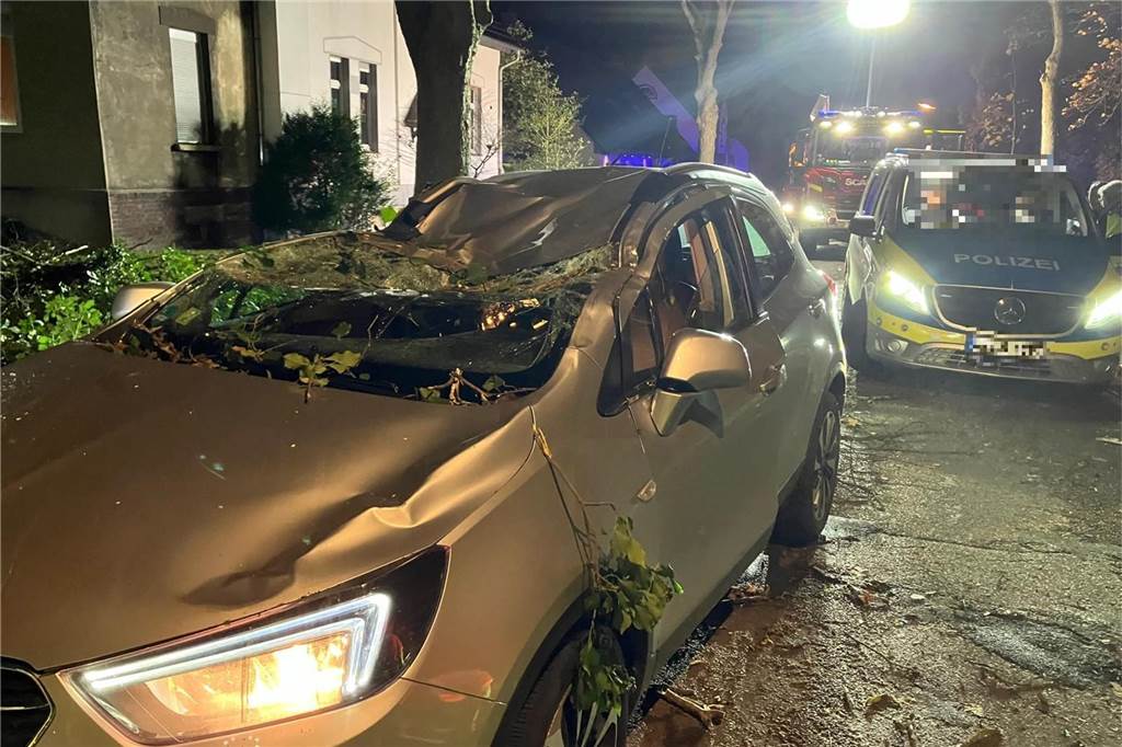 Baum fällt auf die Sydowstraße in Waltrop: Zwei Verletzte Das Auto, nachdem ein Baum auf die Sydowstraße gefallen ist.