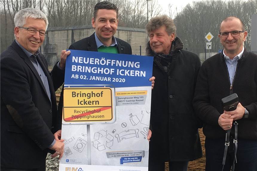 Neuer Bringhof des EUV öffnet seine Tore am 2. Januar in Castrop-Rauxel EUV-Vorstand Michael Werner, EUV-Betriebshofleiter Christian Keitmann sowie Michael Wieczorek und Willibald Hering (v.l.) von der Firma Lobbe werben für den neuen Bringhof.