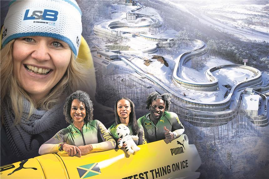 Karibik auf dem Eis - „Cool Runnings“ in Pyeongchang Fahrerin Jazmine Fenlator-Victorian (im Bob, v.l.), Ersatzfrau Audra Segree und Anschieberin Carrie Russel im Jamaika-Zweierbob gehören zu den Exoten in Pyeongchang. Trainiert werden sie von der Ex-Athletin Sandra Kiriasis (l.).