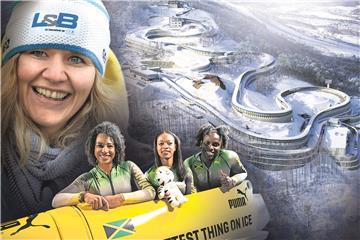 Fahrerin Jazmine Fenlator-Victorian (im Bob, v.l.), Ersatzfrau Audra Segree und Anschieberin Carrie Russel im Jamaika-Zweierbob gehören zu den Exoten in Pyeongchang. Trainiert werden sie von der Ex-Athletin Sandra Kiriasis (l.).