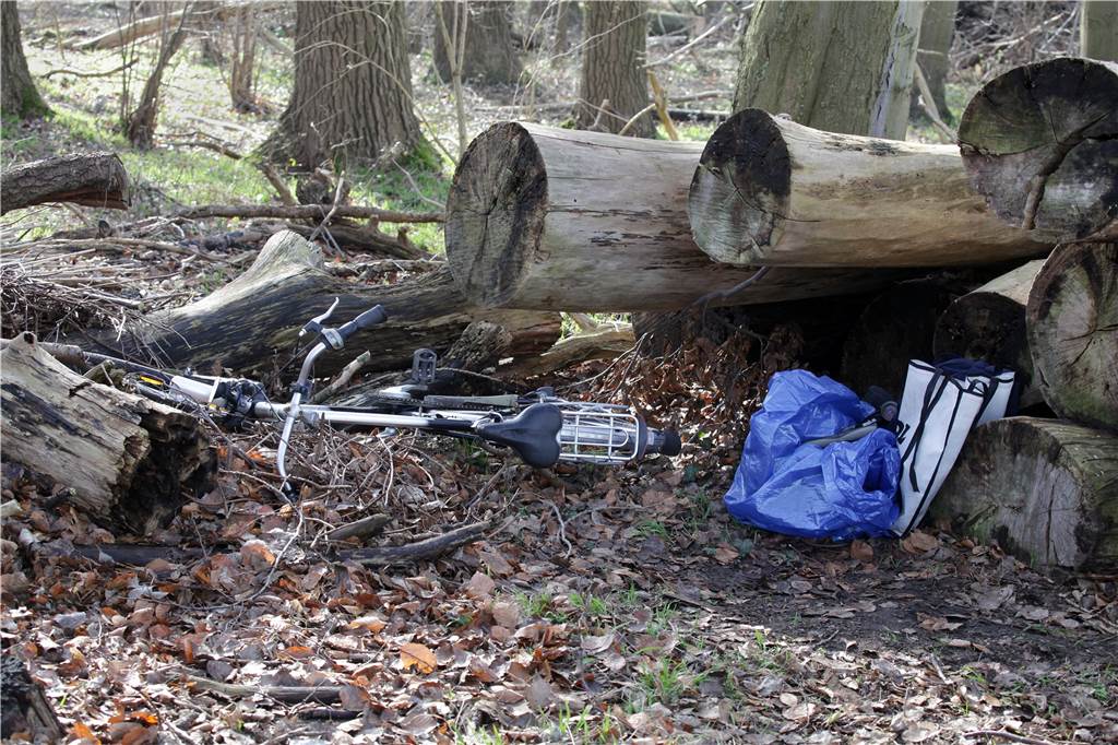 Polizei sucht Mann aus Lünen - seine Sachen fand ein Hund im Wald Fahrrad und Taschen lagen etwas versteckt neben einem Stapel von Baumstämmen.