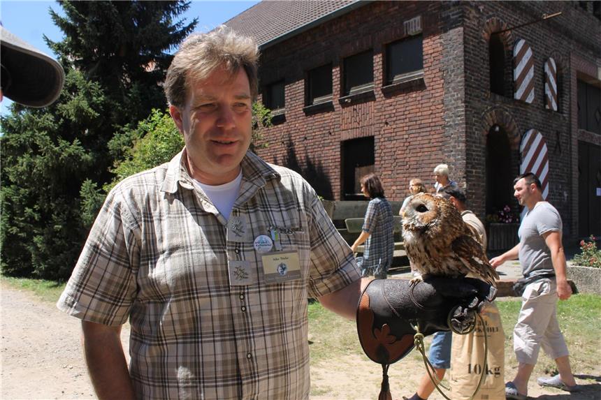 So war der erste Falknertag im Tierpark Eversum Falkner Mike Thieke mit seinem Schützling, dem Waldkauz Tweety.