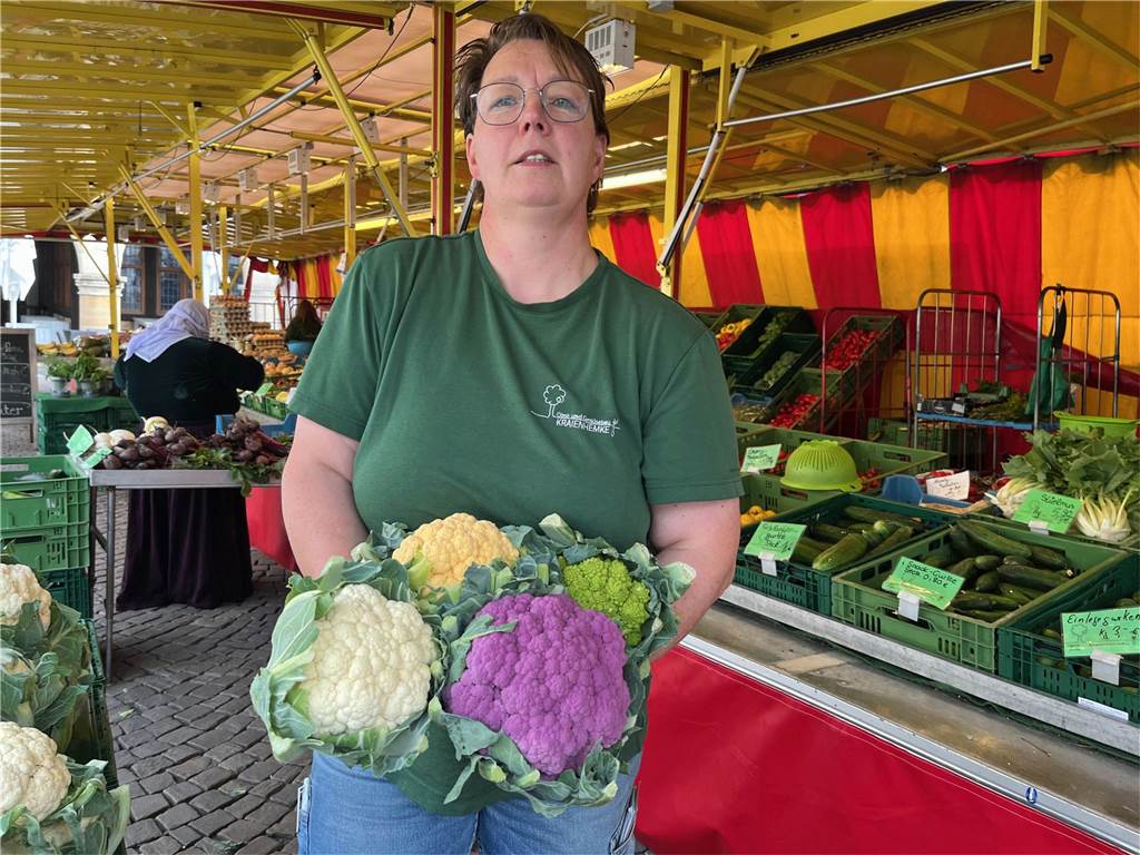 Farben-Spiel. Ursula Kraienhemke zeigt vier verschiedene Blumenkohl-Arten.