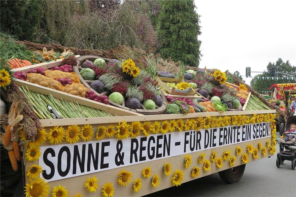 Fast 20 Gruppen, Nachbarschaften und Vereine beteiligten sich auf Einladung der Landjugend Erle/Rhade am Erntedankumzug in Erle. Er findet eigentlich alle drei Jahre statt und hat eine fast 100-jährige Tradition.