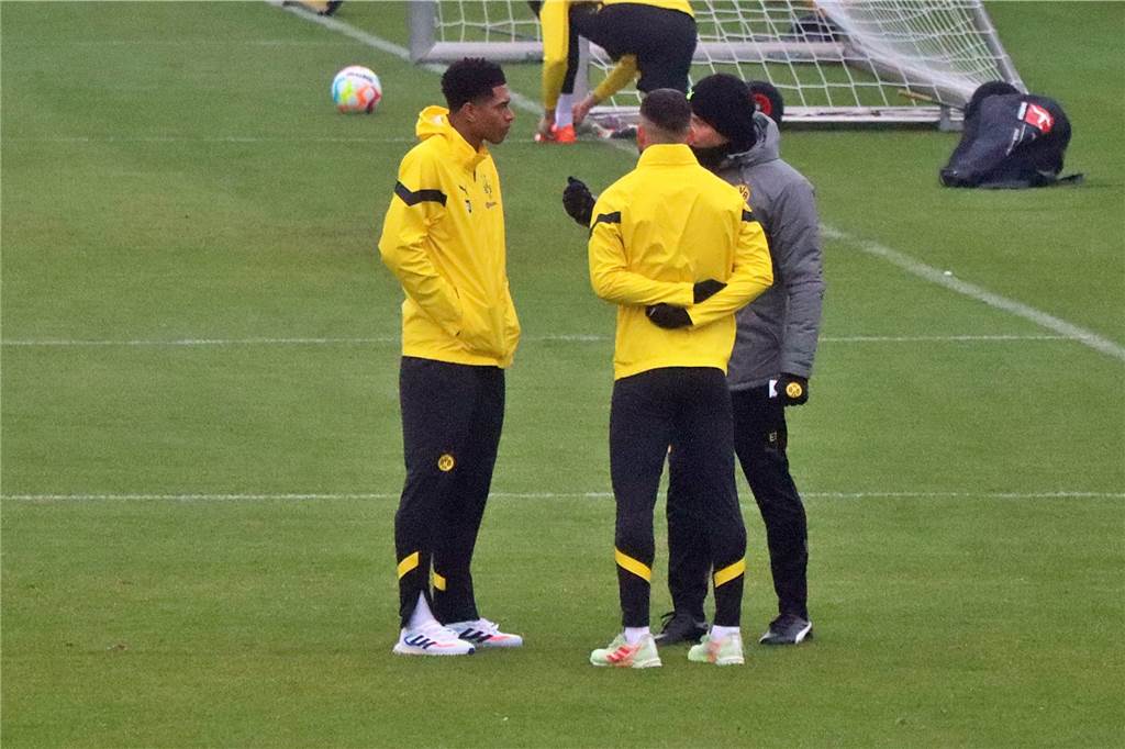 Jude Bellingham und Salih Özcan im Gespräch mit Edin Terzic.