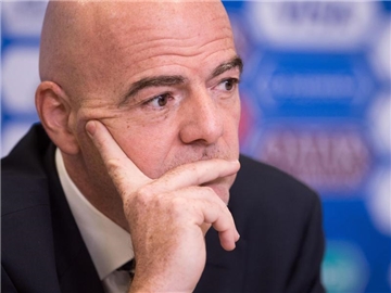 FIFA-Präsident Gianni Infantino bei der Pressekonferenz in St. Petersburg. Foto: Marius Becker